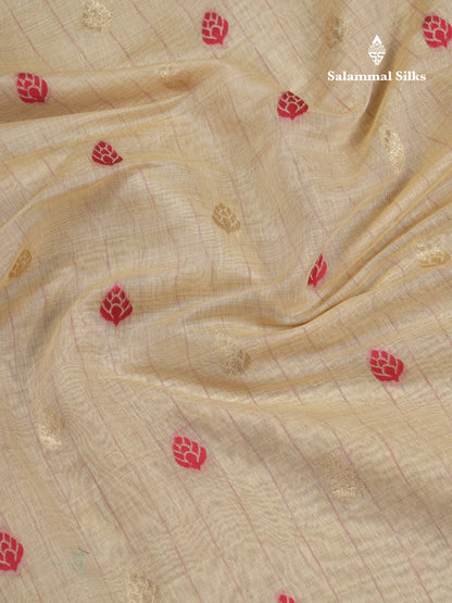 Beautiful Cream Sandal Thread Work Butta Cotton Mix Saree With Contrast Dual Tone Red Border