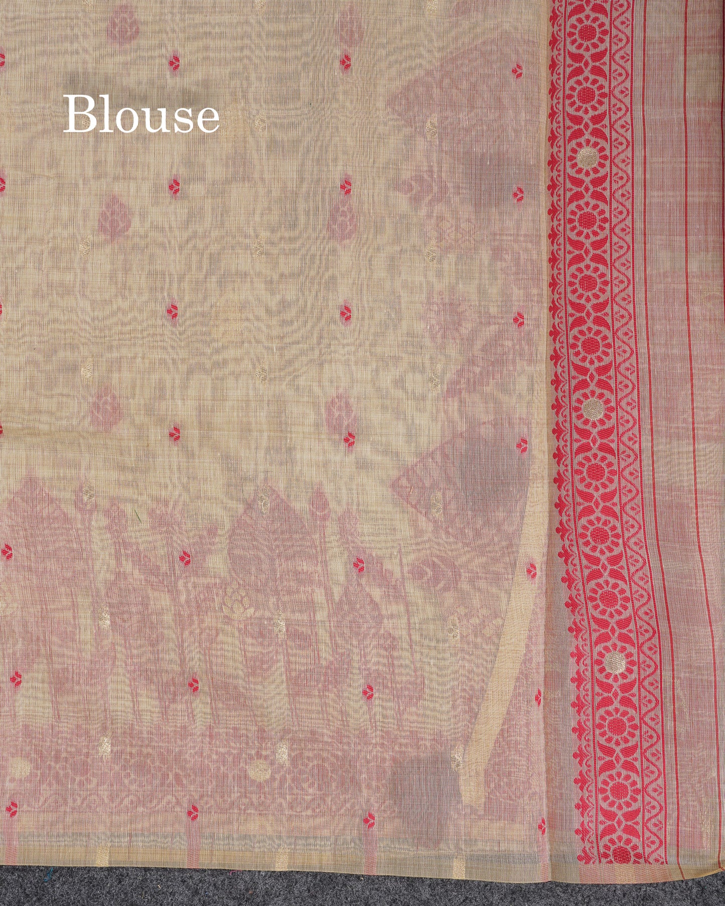 Beautiful Cream Sandal Thread Work Butta Cotton Mix Saree With Contrast Dual Tone Red Border