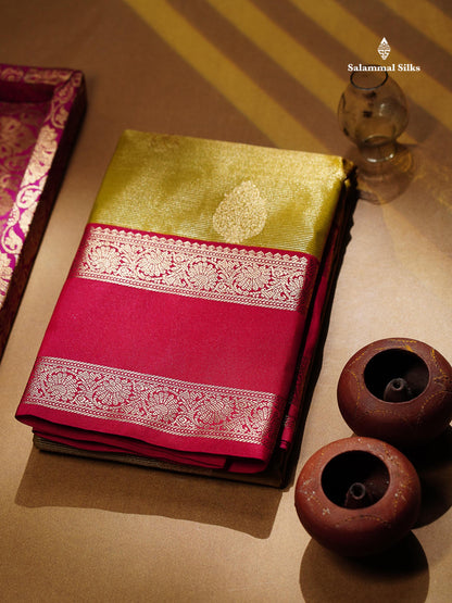 Semi Silk Saree -  Mehandi Green Butta With Vaira Oosi Lines Along With Contrast Redish Pink Traditional Gap Border