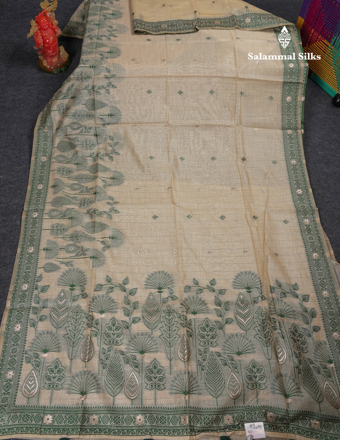 Beautiful Cream Sandal Thread Work Butta Muga Cotton Saree With Contrast Bottle Green Border