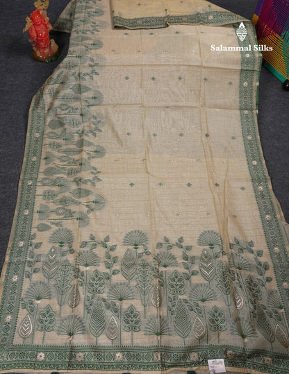 Beautiful Cream Sandal Thread Work Butta Muga Cotton Saree With Contrast Bottle Green Border