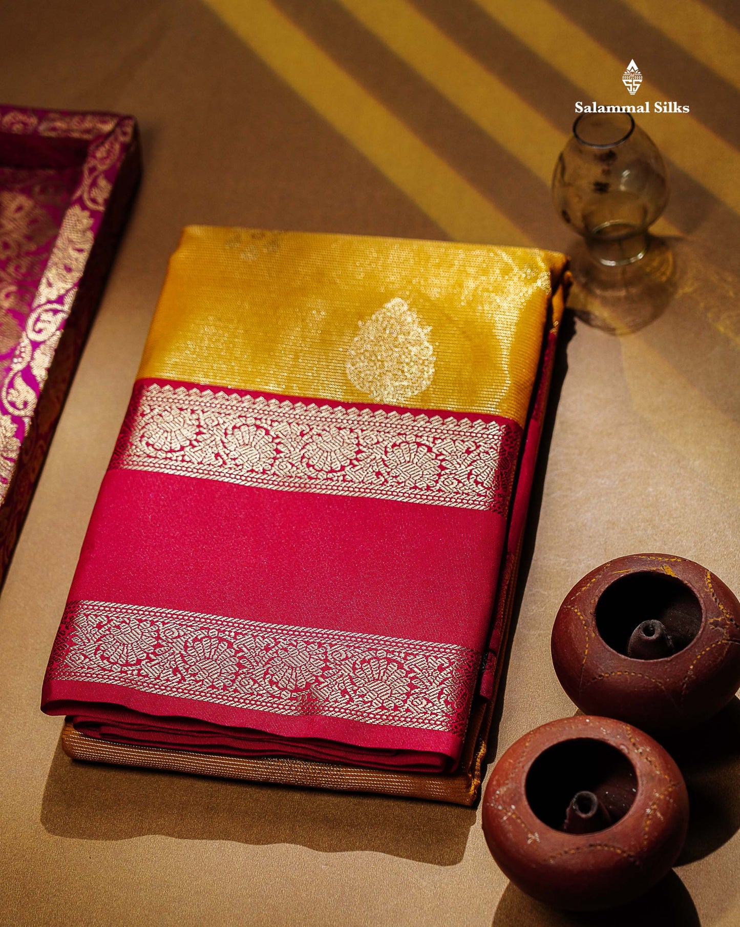 Semi Silk Saree -  Yellow Butta With Vaira Oosi Lines Along With Contrast Redish Pink Traditional Gap Border