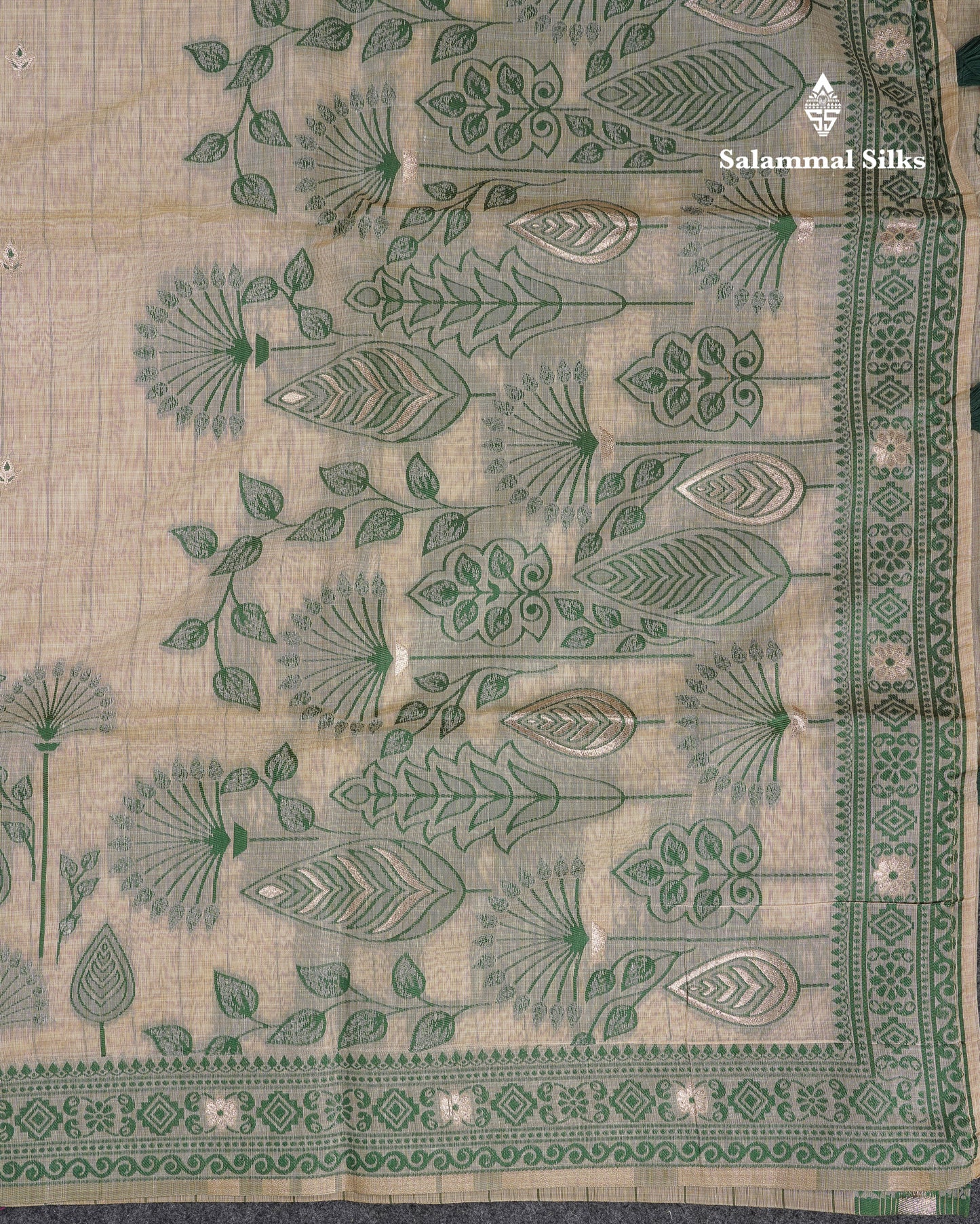 Beautiful Cream Sandal Thread Work Butta Muga Cotton Saree With Contrast Bottle Green Border
