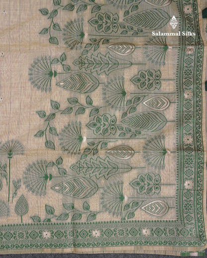 Beautiful Cream Sandal Thread Work Butta Muga Cotton Saree With Contrast Bottle Green Border
