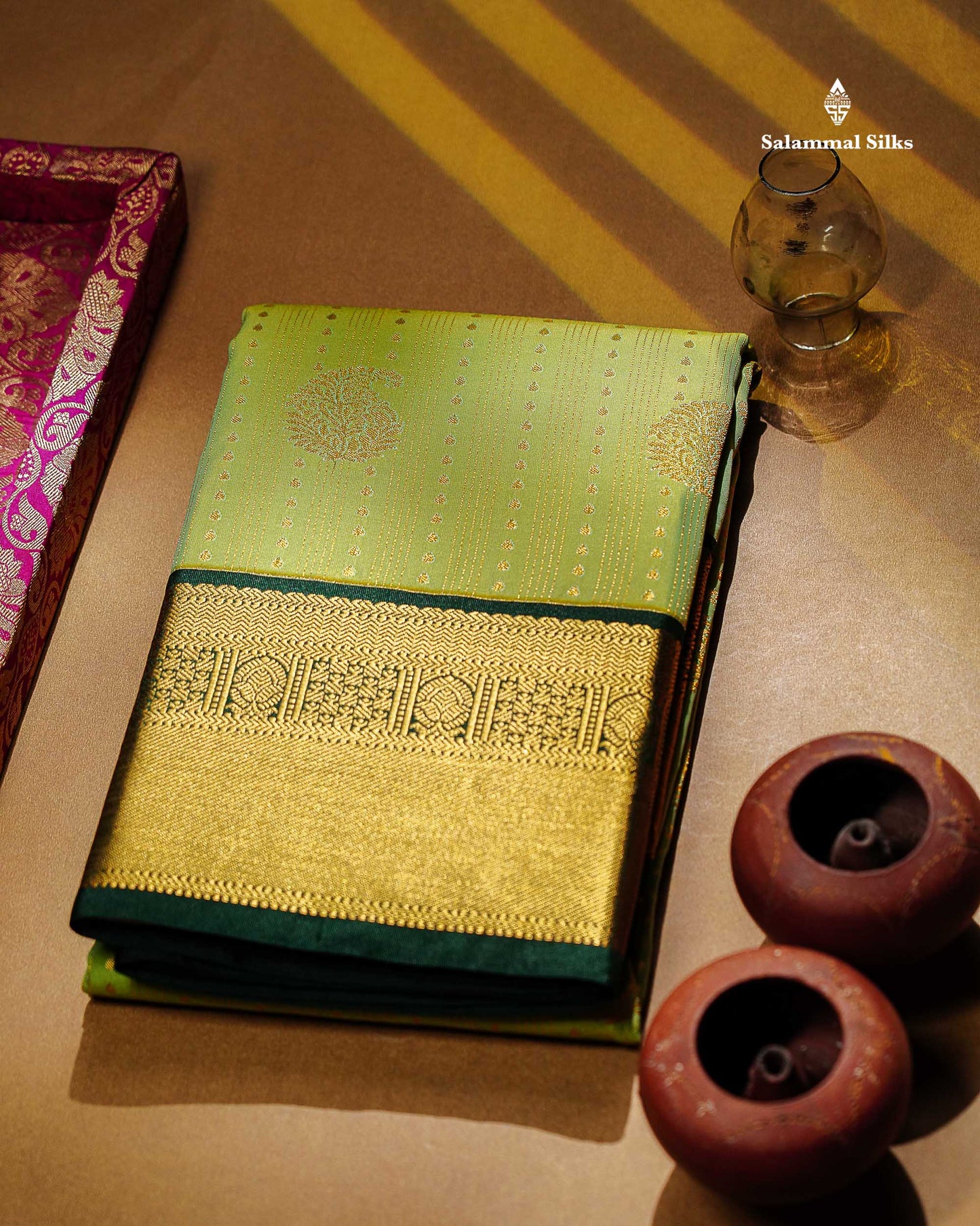 Semi Silk Saree -  Rexona Green Butta With Lines Along With Contrast Bottle Green Border