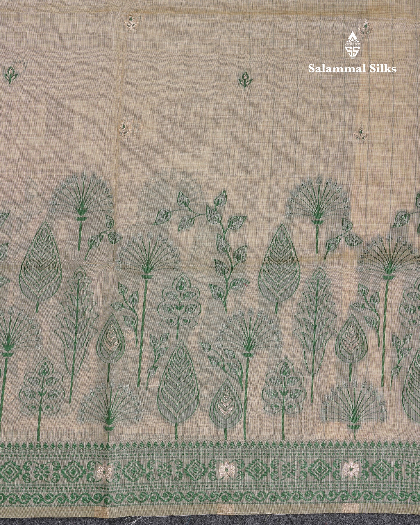 Beautiful Cream Sandal Thread Work Butta Muga Cotton Saree With Contrast Bottle Green Border
