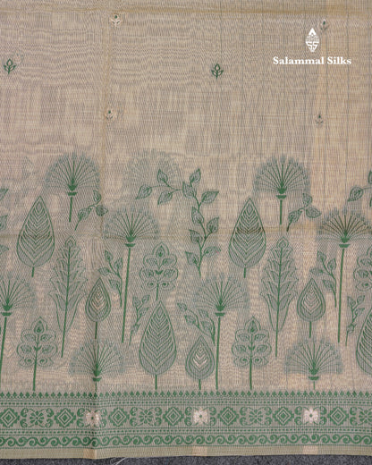 Beautiful Cream Sandal Thread Work Butta Muga Cotton Saree With Contrast Bottle Green Border