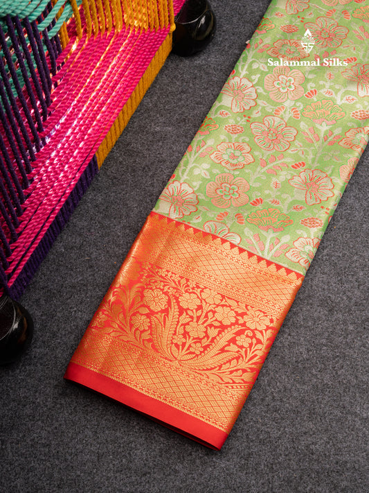 Semi Silk Pattu Pavadai Tissue (Parrot Green) with Chilly Red Blouse 27"