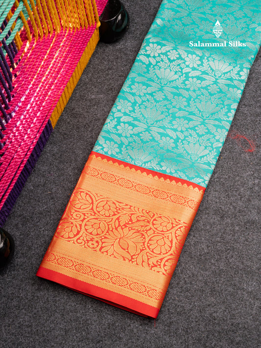 Semi Silk Pattu Pavadai (Sapphire Green) with Chilly Red Blouse 26.50"