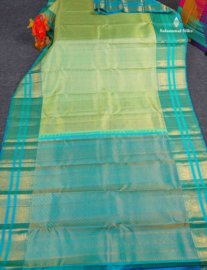 Bridal Pure Kanjivaram Silk Saree - Pista Green Colour Body With Contrast Sapphire Blue Traditional Border 