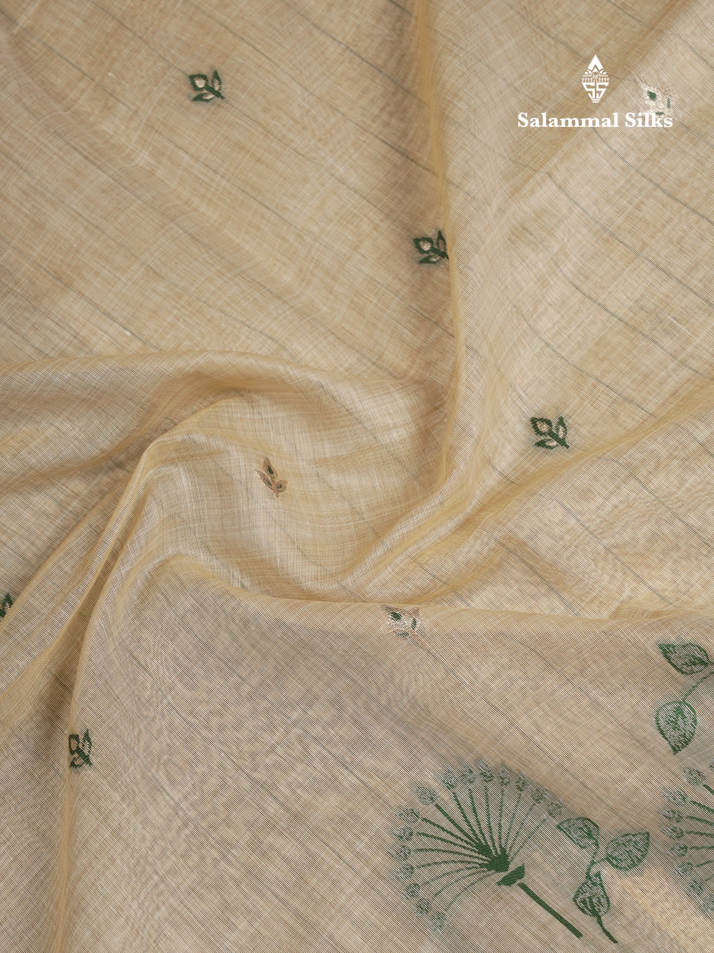 Beautiful Cream Sandal Thread Work Butta Muga Cotton Saree With Contrast Bottle Green Border