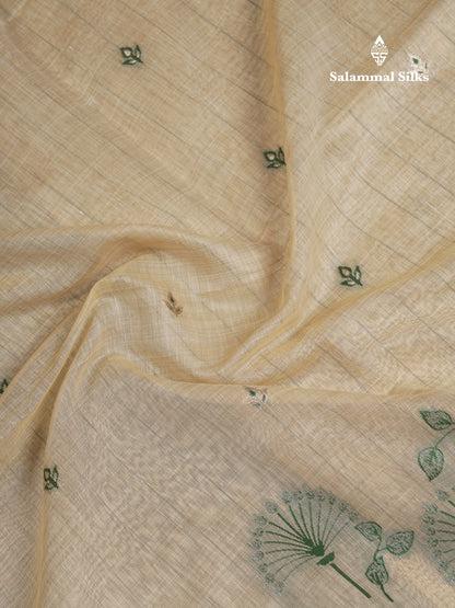 Beautiful Cream Sandal Thread Work Butta Muga Cotton Saree With Contrast Bottle Green Border