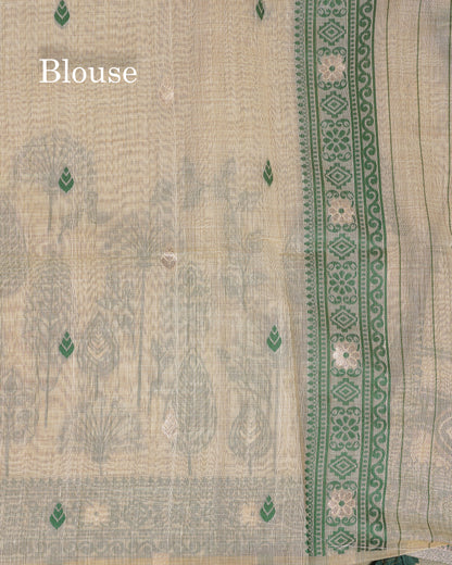 Beautiful Cream Sandal Thread Work Butta Muga Cotton Saree With Contrast Bottle Green Border
