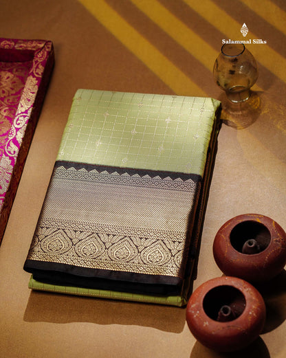 Semi Silk Saree - Light Pista Green Butta With Small Checks Along With Contrast Snuff Brown Traditional Border