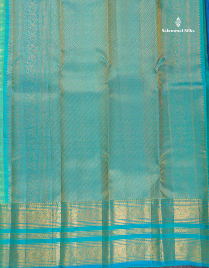 Bridal Pure Kanjivaram Silk Saree - Pista Green Colour Body With Contrast Sapphire Blue Traditional Border