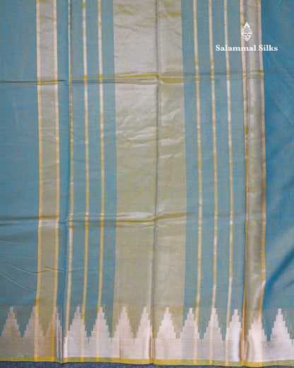 Dual Tone Green Beautiful Horizontal Lines Cotton Mix Fancy Saree With Silver Zari Temple Border