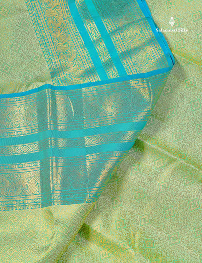 Bridal Pure Kanjivaram Silk Saree - Pista Green Colour Body With Contrast Sapphire Blue Traditional Border