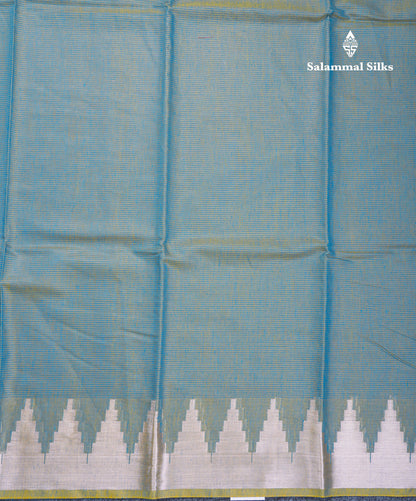 Dual Tone Green Beautiful Horizontal Lines Cotton Mix Fancy Saree With Silver Zari Temple Border