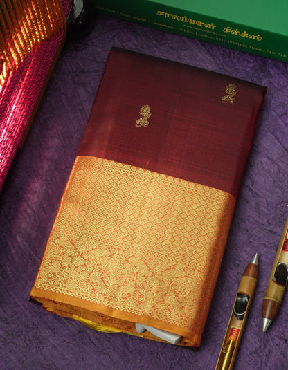 Dark Maroon Pure Kanjivaram Silk Saree with Contrast Traditional Mustard Yellow Border