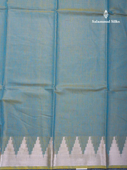 Dual Tone Green Beautiful Horizontal Lines Cotton Mix Fancy Saree With Silver Zari Temple Border