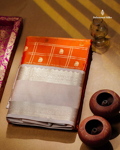 Semi Silk Saree - Light Lavender Mango Butta With Checks Along With Contrast Dark Brown Traditional Gap Border