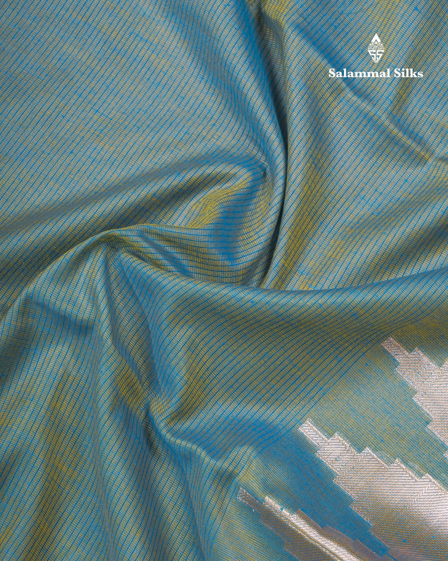 Dual Tone Green Beautiful Horizontal Lines Cotton Mix Fancy Saree With Silver Zari Temple Border