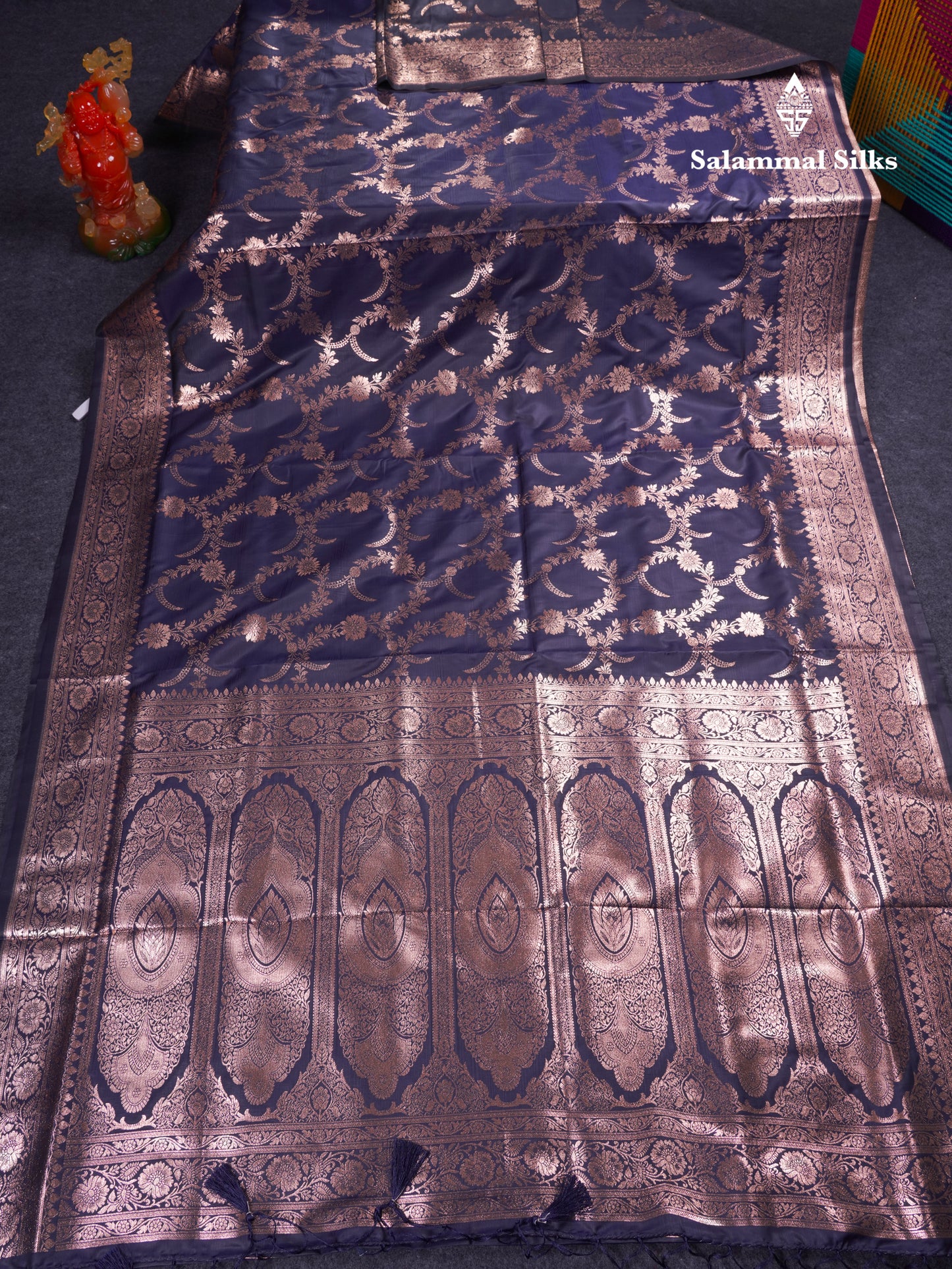 Beautiful Peacock Green Semi Banaras Saree With Fancy Border