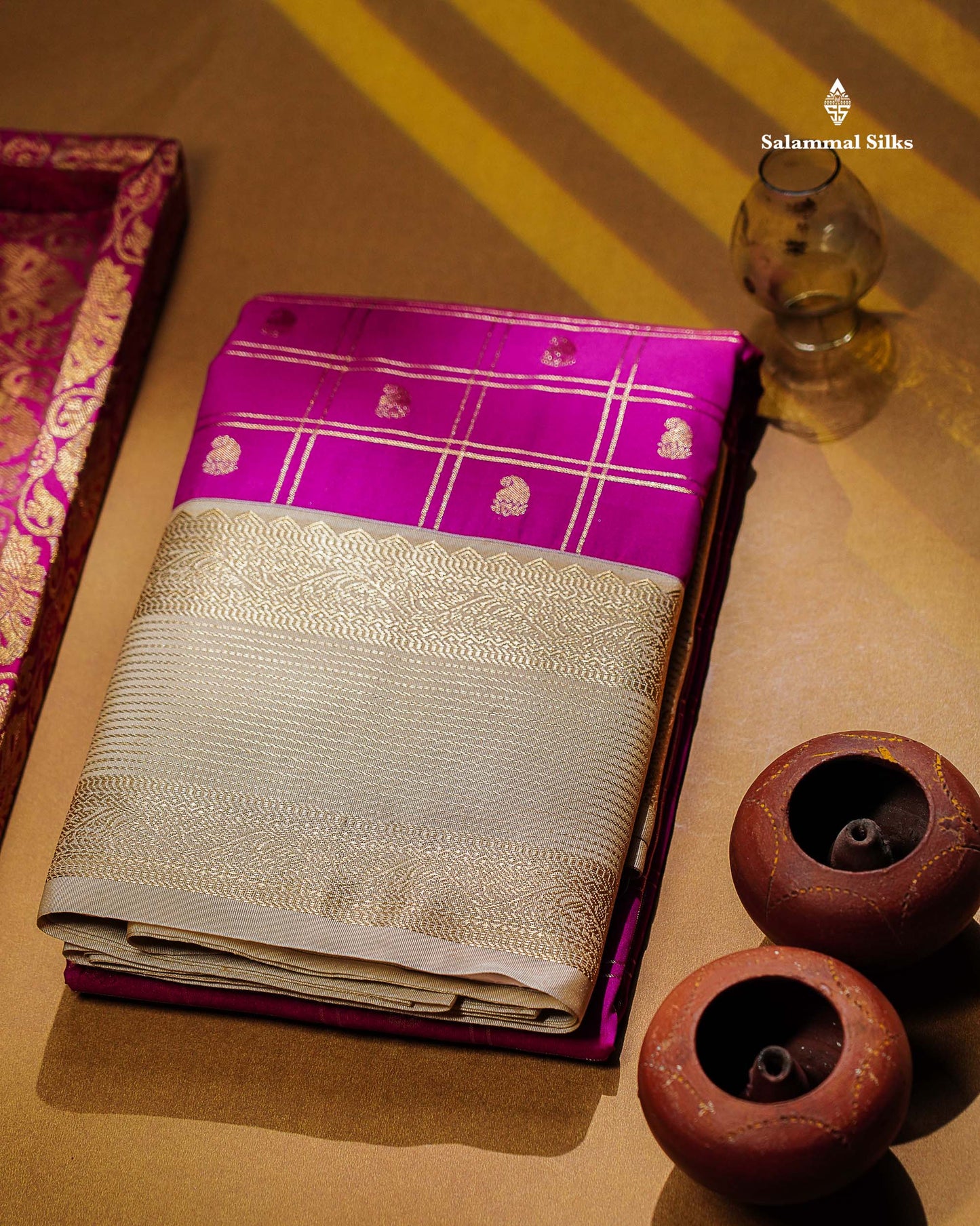 Semi Silk Saree - Mustard Yellow Mango Butta With Checks Along With Contrast Dark Brown Traditional Border
