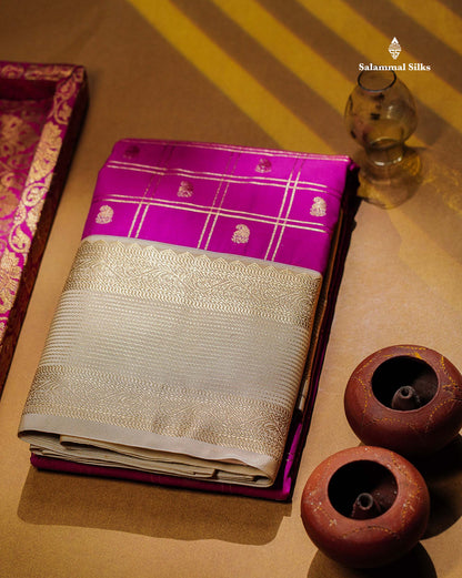 Semi Silk Saree - Mustard Yellow Mango Butta With Checks Along With Contrast Dark Brown Traditional Border