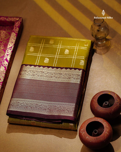 Semi Silk Saree - Mustard Yellow Mango Butta With Checks Along With Contrast Dark Brown Traditional Border