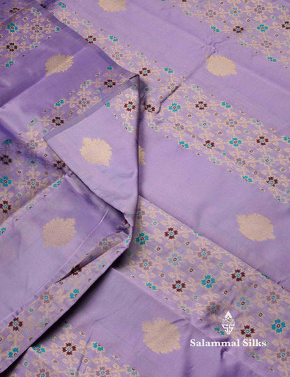 Beautiful Lavender Ikkat And Buttas Semi Silk Fancy Saree With Violet Blouse