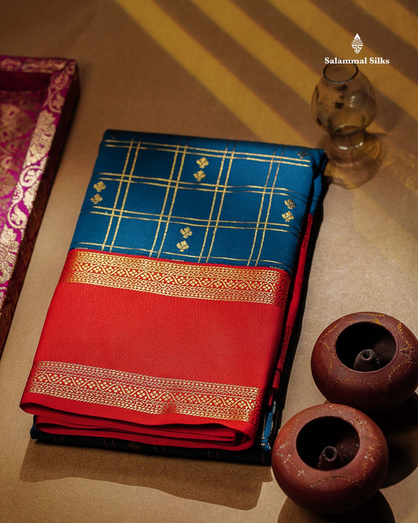 Semi Silk Saree - Peacock Blue Butta With Checks Along With Contrast Chilly Red Traditional Gap Border