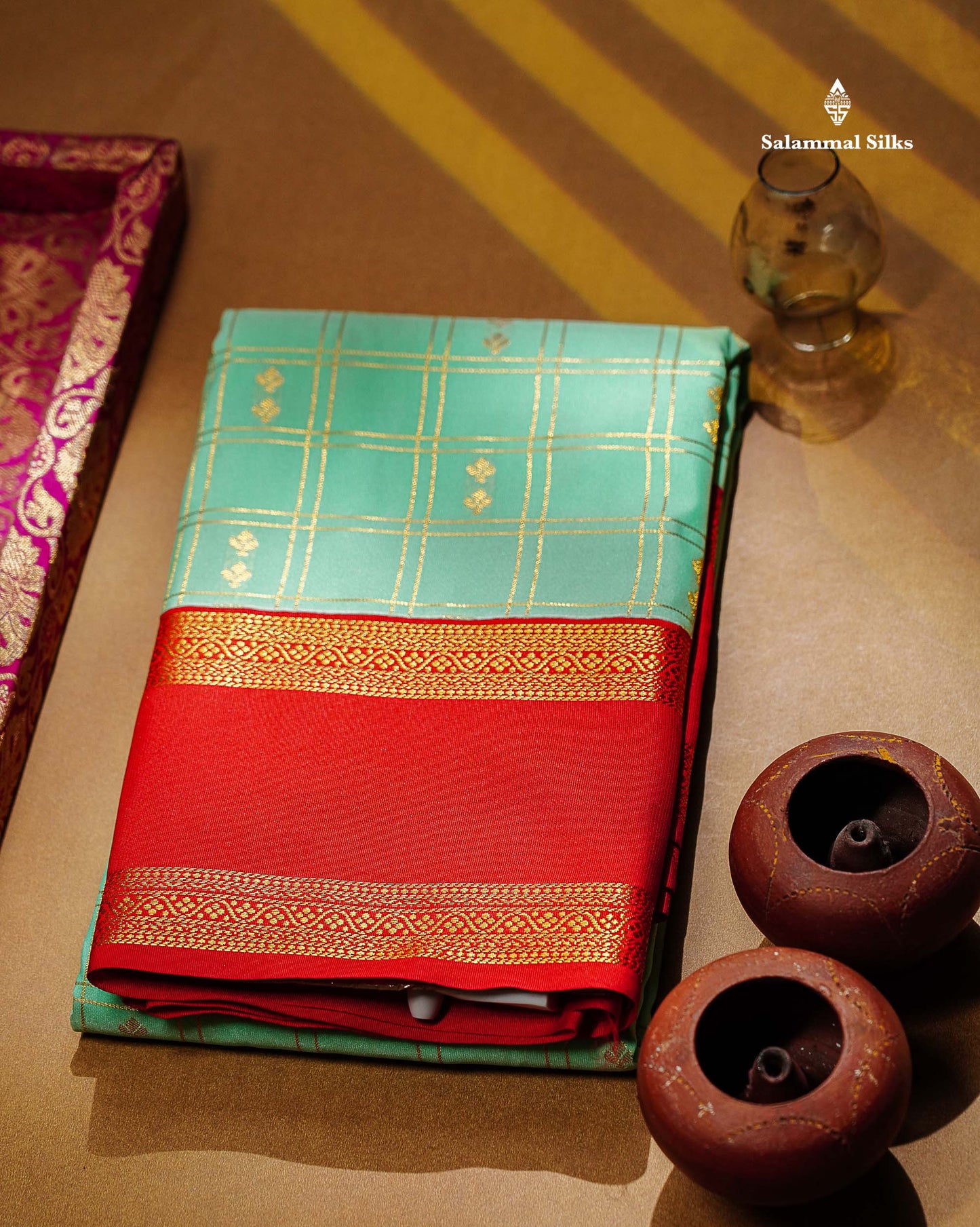 Semi Silk Saree - Peacock Blue Butta With Checks Along With Contrast Chilly Red Traditional Gap Border