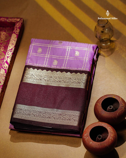 Semi Silk Saree - Light Lavender Mango Butta With Checks Along With Contrast Dark Brown Traditional Gap Border