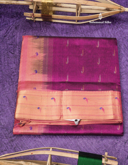 Violet Paithani Design Pure Silk Cotton Saree With Gold Zari Border