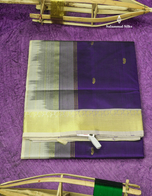 Violet Pure Silk Cotton Saree With Contrast Half White Traditional Border