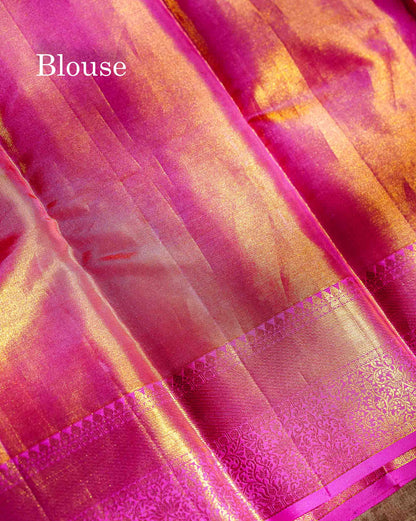 Light Green Colour Pure Kanjivaram Tissue Silk Saree with Pink Border