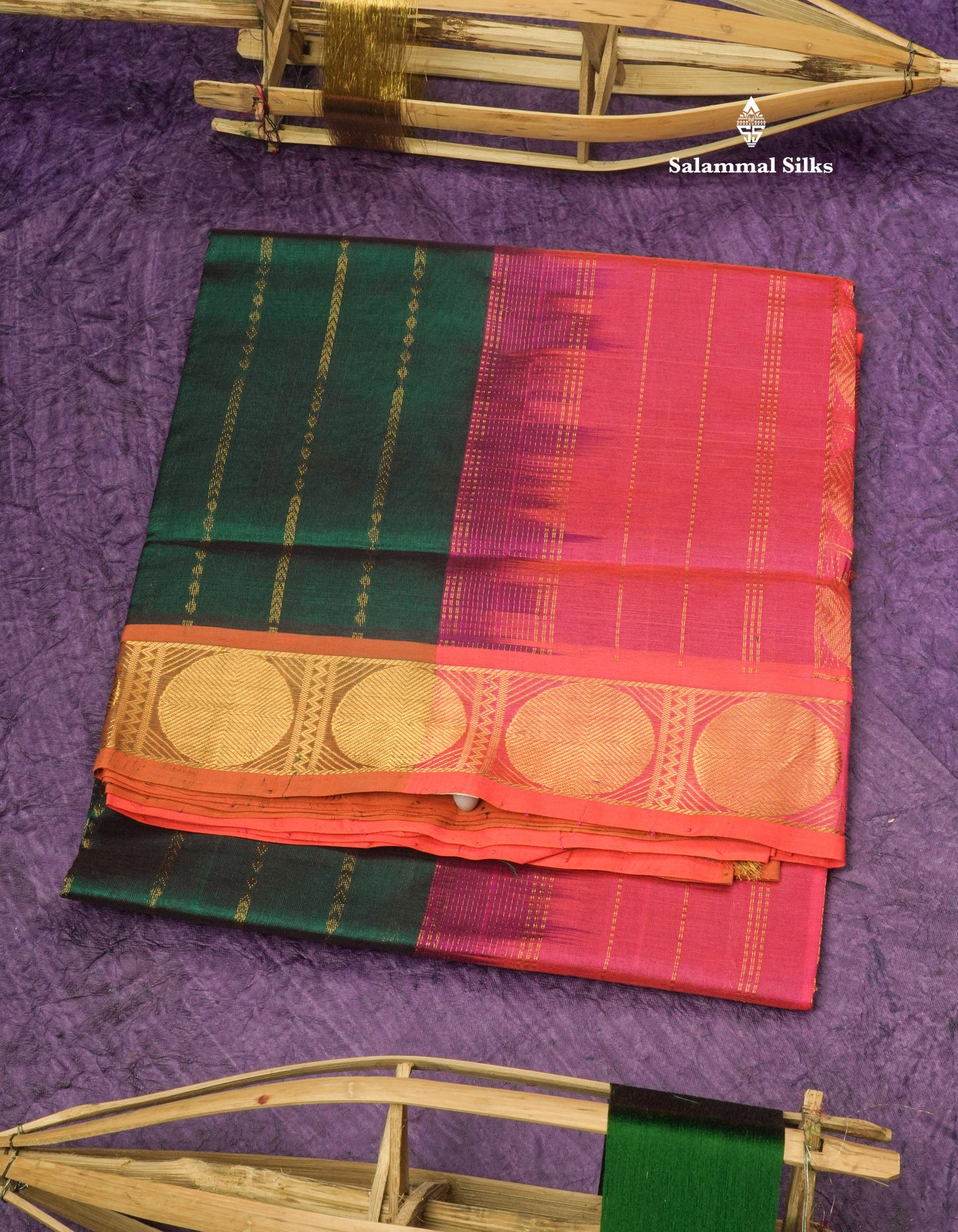 Bottle Green Pure Silk Cotton Saree With Contrast Mustard Yellow Traditional Border