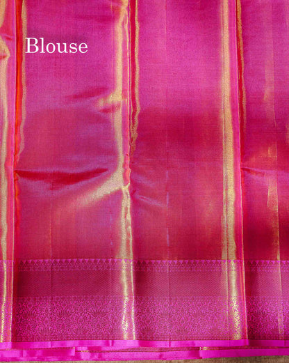Light Green Colour Pure Kanjivaram Tissue Silk Saree with Pink Border