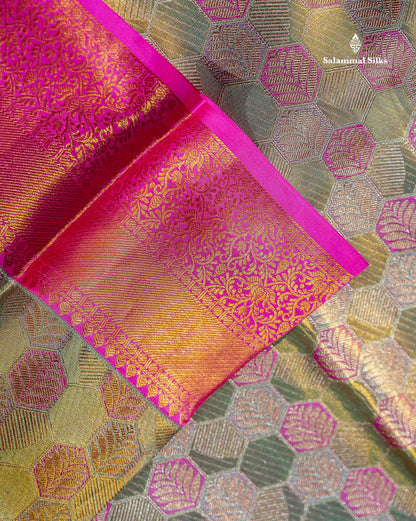 Light Green Colour Pure Kanjivaram Tissue Silk Saree with Pink Border
