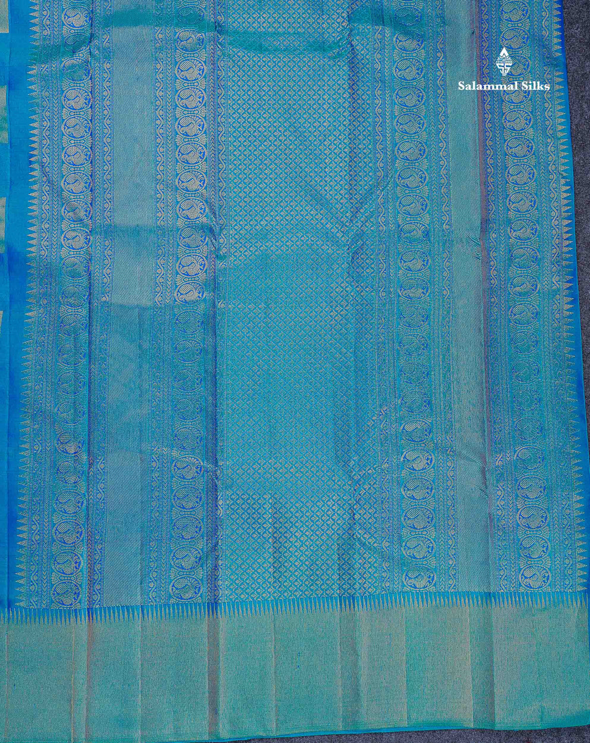 8 Kol Pure Kanjivaram Silk Saree - Dual Tone Peacock Blue Colour Body With Temple Border
