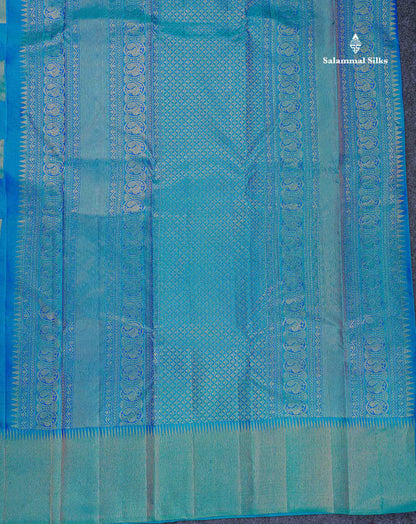 8 Kol Pure Kanjivaram Silk Saree - Dual Tone Peacock Blue Colour Body With Temple Border