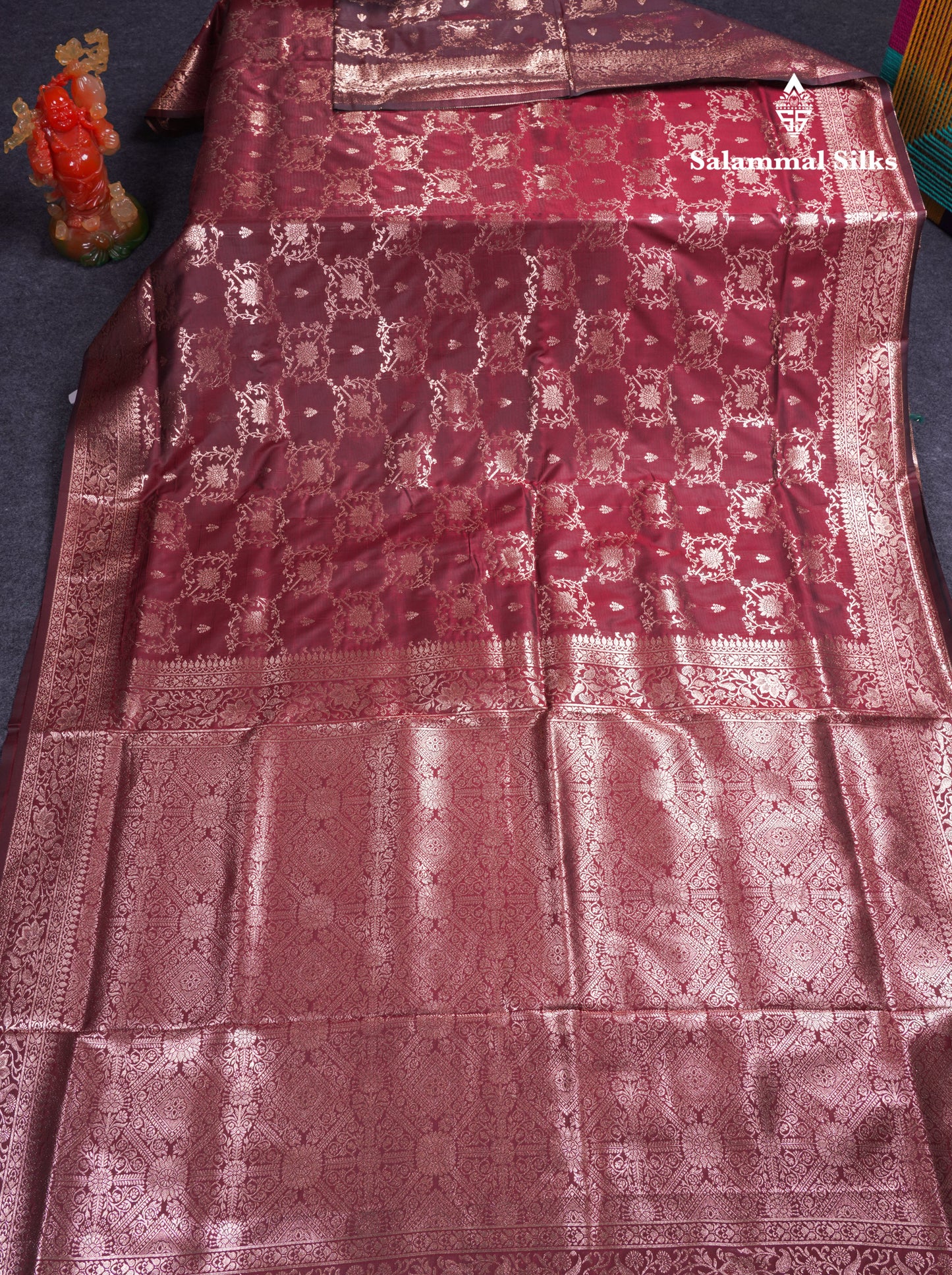 Beautiful Dark Maroon Semi Banaras Saree With Fancy Border