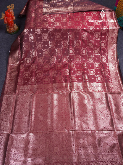 Beautiful Dark Maroon Semi Banaras Saree With Fancy Border