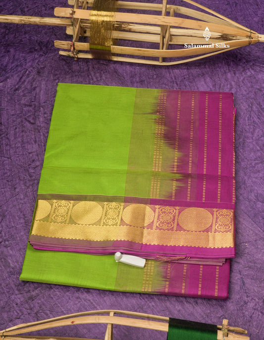 Parrot Green Plain Pure Silk Cotton Saree With Contrast Vadamalli Traditional Border