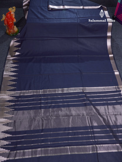 Navy Blue Beautiful Horizontal Lines Cotton Mix Fancy Saree With Silver Zari Temple Border