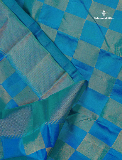 8 Kol Pure Kanjivaram Silk Saree - Dual Tone Peacock Blue Colour Body With Temple Border