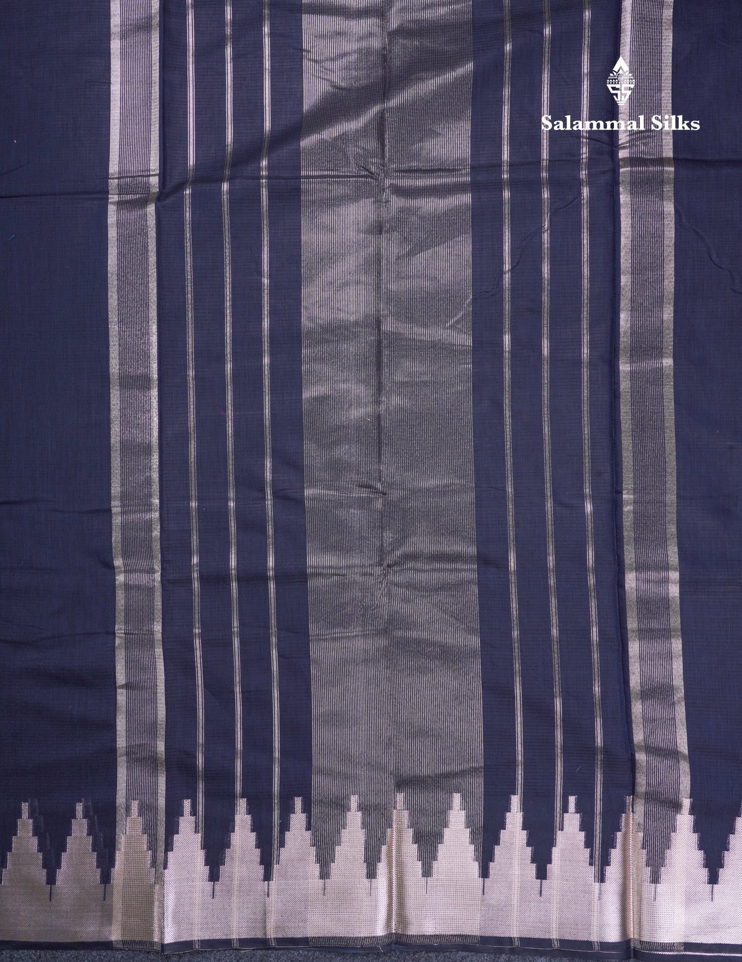 Navy Blue Beautiful Horizontal Lines Cotton Mix Fancy Saree With Silver Zari Temple Border