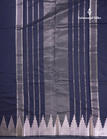 Navy Blue Beautiful Horizontal Lines Cotton Mix Fancy Saree With Silver Zari Temple Border