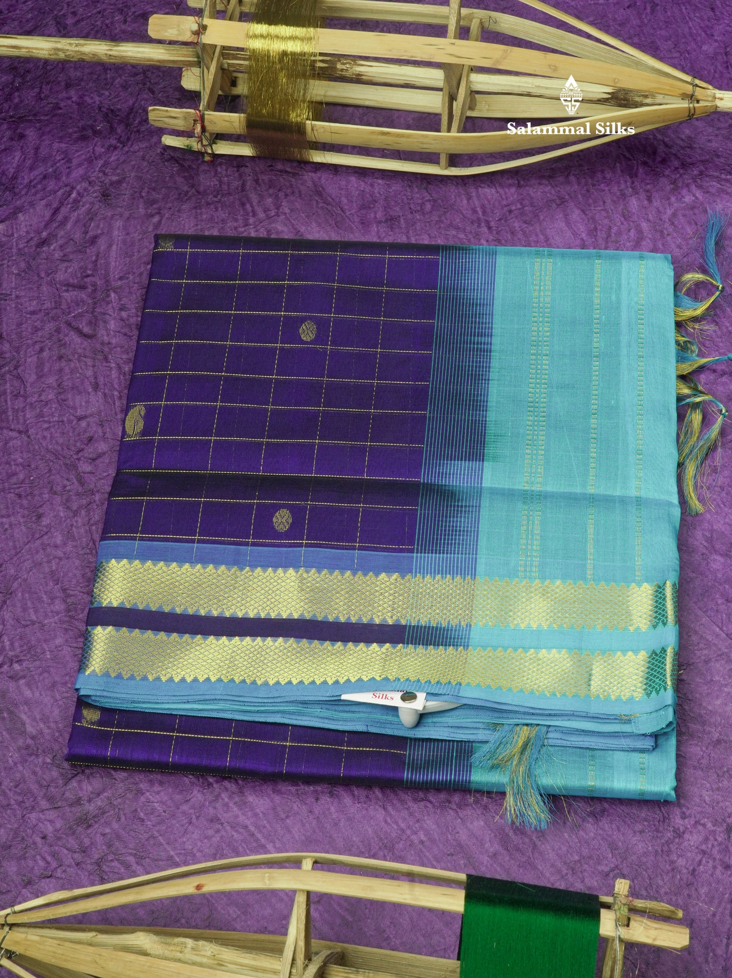 Violet Zari Checks Pure Silk Cotton Saree With Gold Zari Border